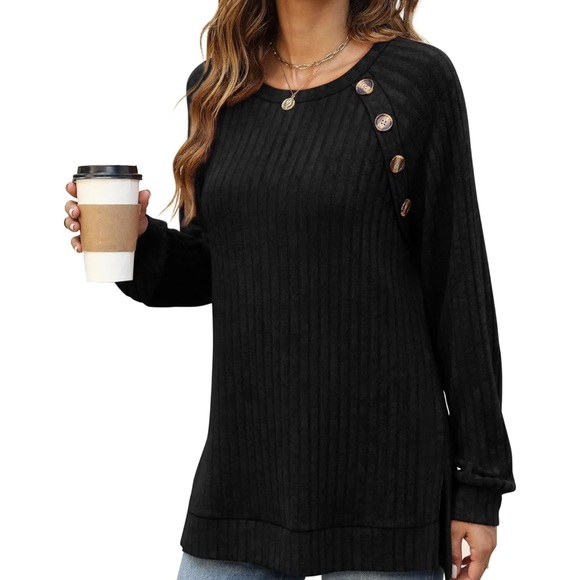 Black Ribbed Sweater with Button Detail - Picture 2 of 3
